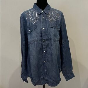 Denim Western Studded Button-Up Shirt - Dark Blue like new